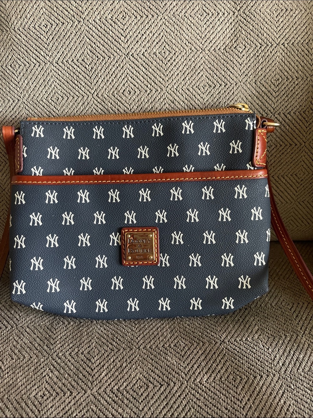 Dooney & Bourke Navy and White NY Logo Crossbody with Tan Trim